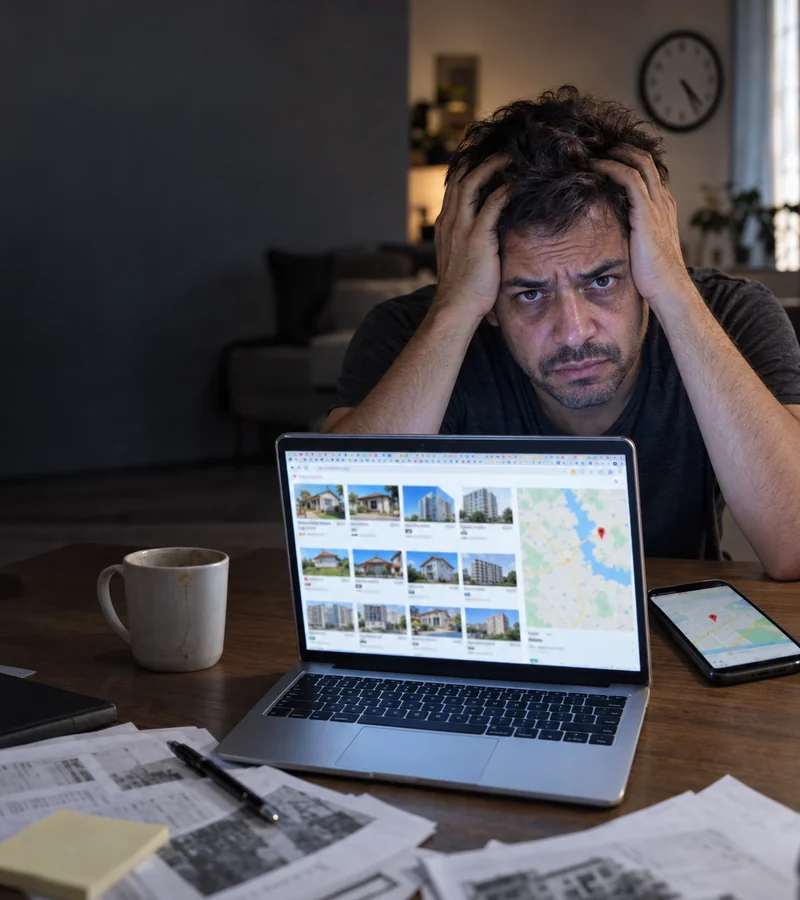 Homem cansado com as mãos na cabeça diante do notebook cheio de abas de imóveis
